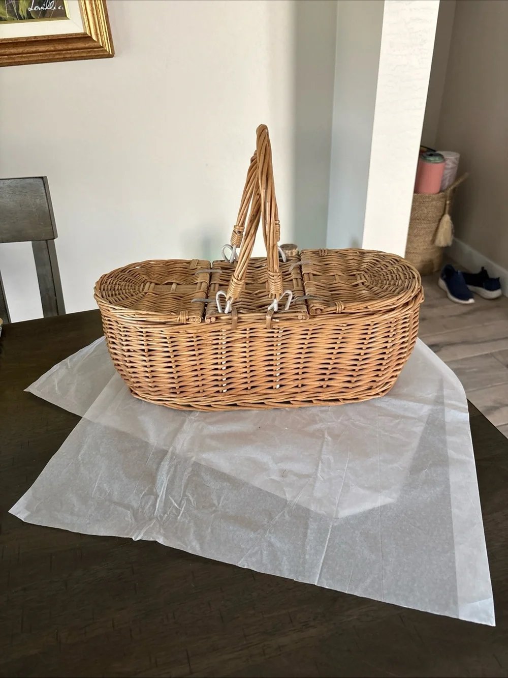 Gorgeous Vintage Oblong 15” Long WICKER Double Lidded Picnic Basket Awesome